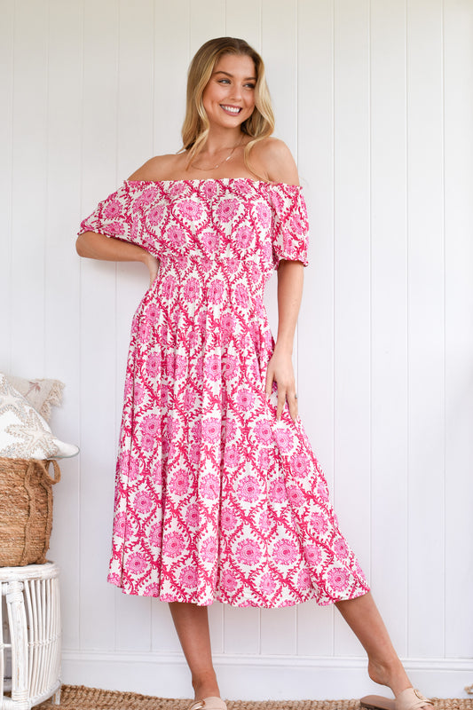 100% rayon dress by Koko & Layla with shirred waist and neckline, delicate lace accents, off-the-shoulder style, free size AU 8–16