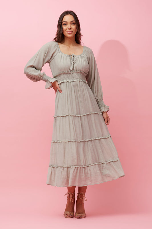 Willow Tiered Midi Dress in sage, soft textured fabric, shirred waist, flowy tiered skirt at Koko & Layla