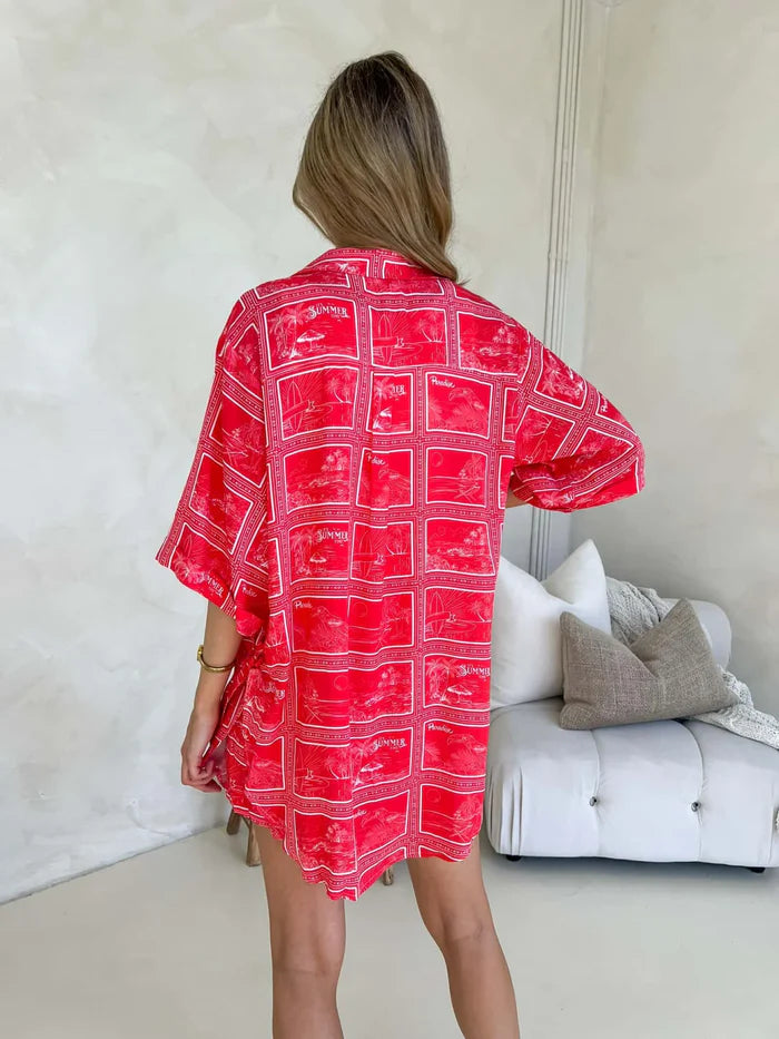 Red and white short set summer print