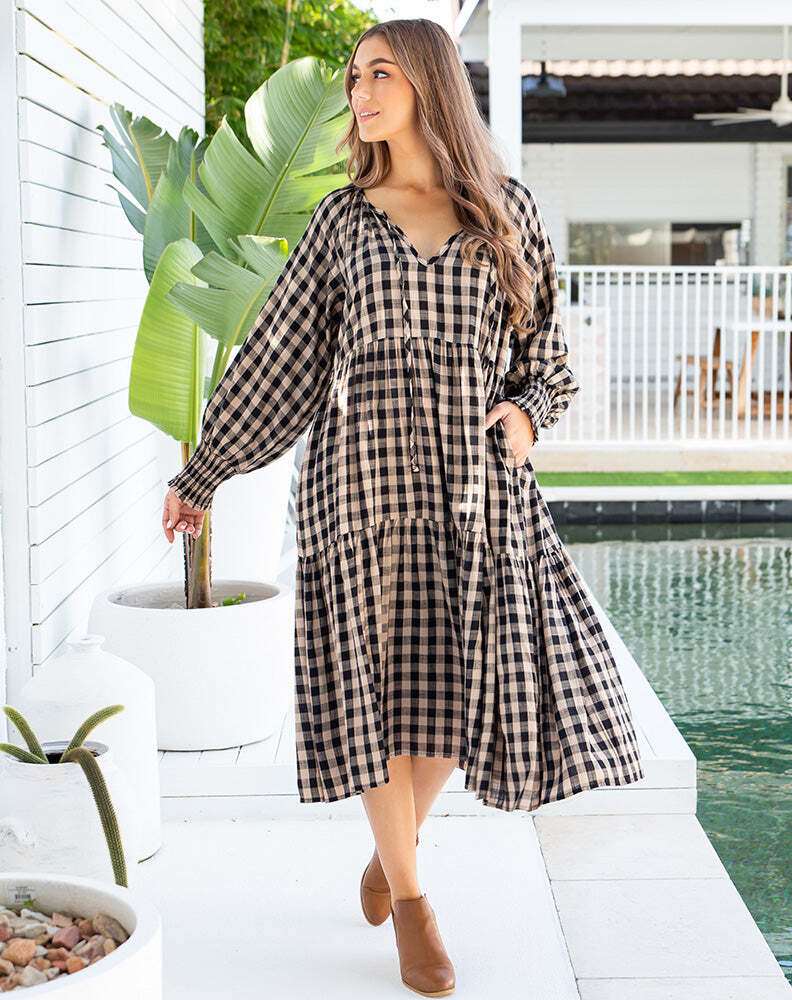 Amy Dress - Gingham Tan